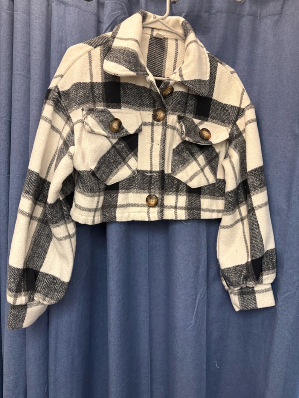 Cropped Black and White Plaid Button-Up Shacket